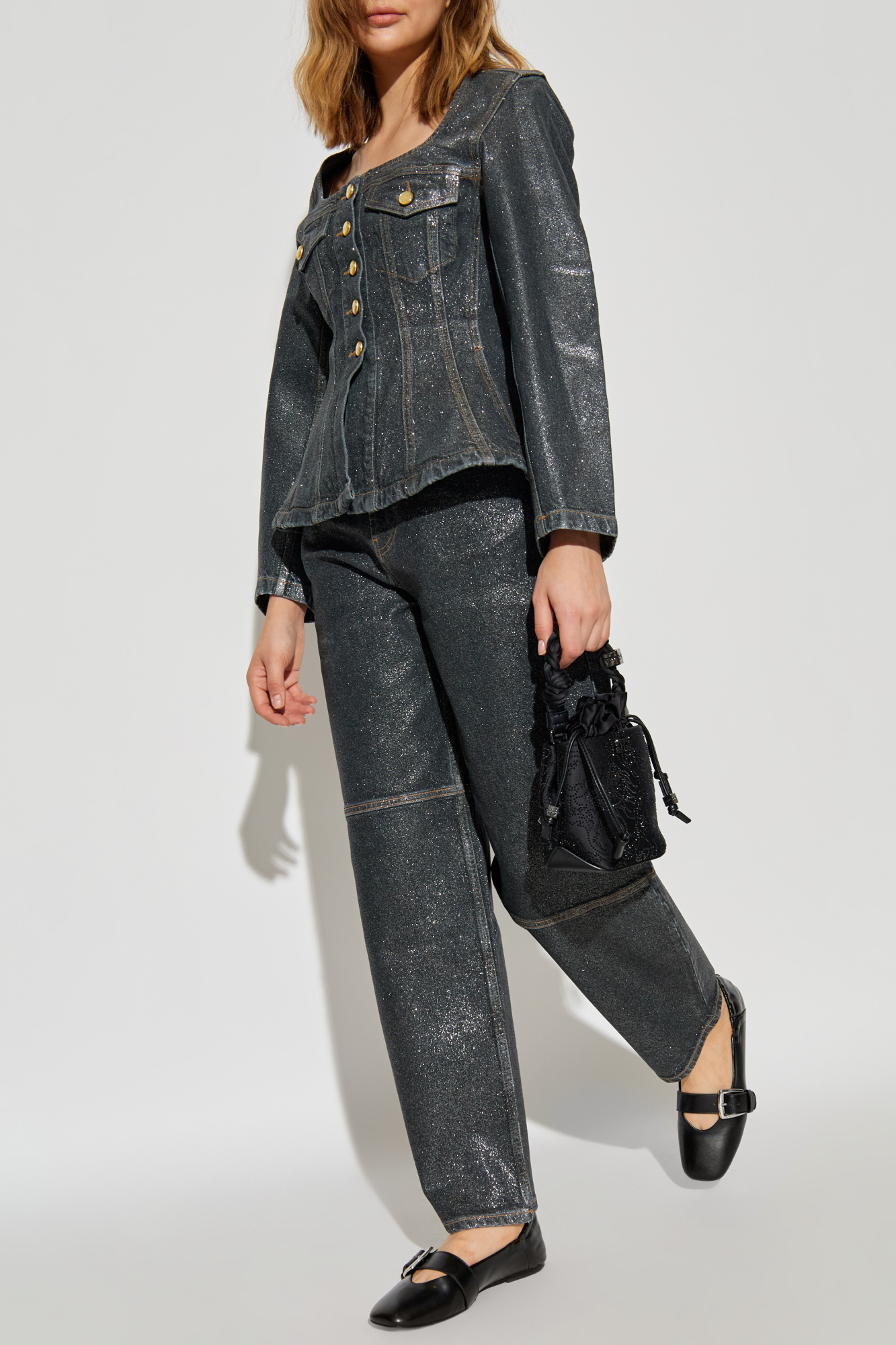 Czarny Woskowane jeansy z brokatem Ganni - Vitkac Polska